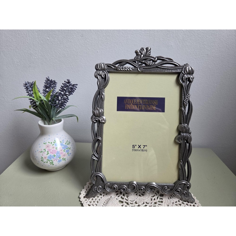 Ornate Floral Picture Frame 5x7 Antique Pewter Finish Art Nouveau Style